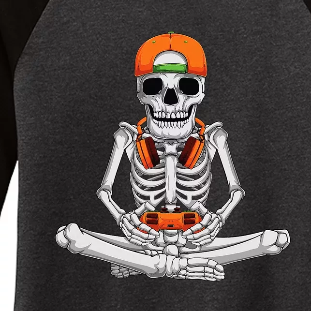 Halloween Skeleton Gamer Video Gaming Women's Tri-Blend 3/4-Sleeve Raglan Shirt