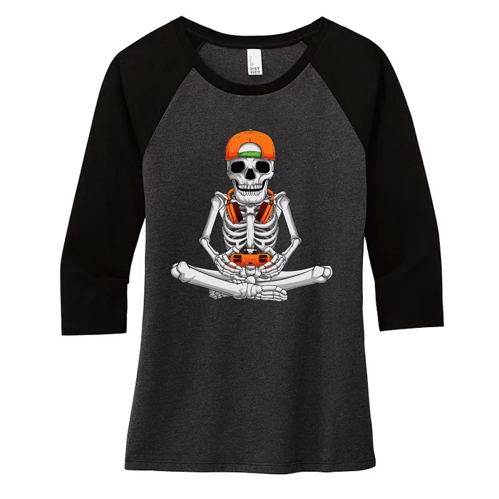 Halloween Skeleton Gamer Video Gaming Women's Tri-Blend 3/4-Sleeve Raglan Shirt