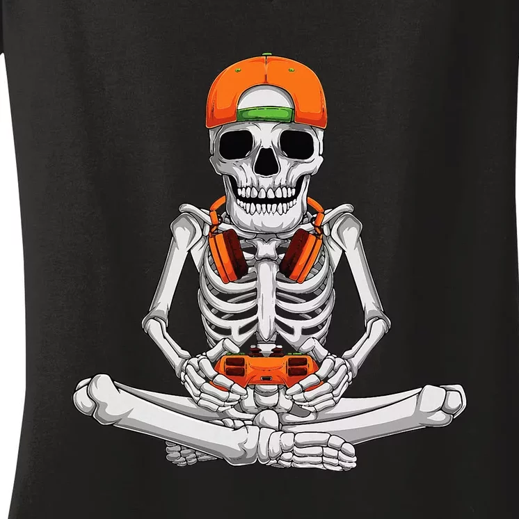 Halloween Skeleton Gamer Video Gaming Women's V-Neck T-Shirt