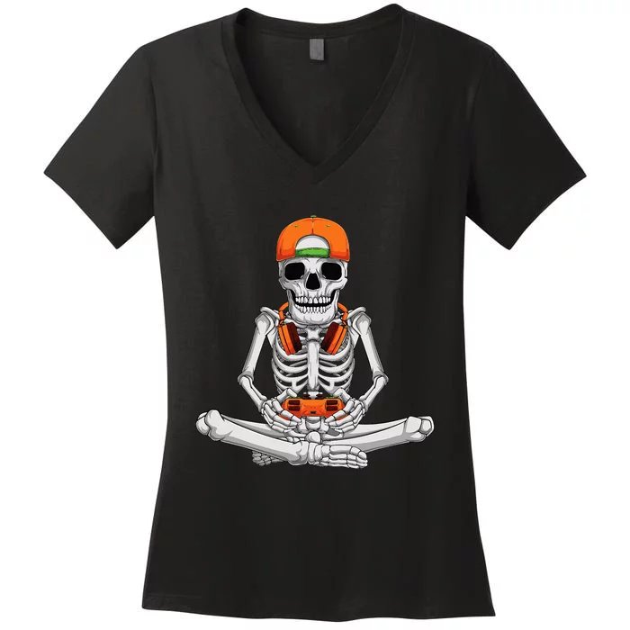 Halloween Skeleton Gamer Video Gaming Women's V-Neck T-Shirt