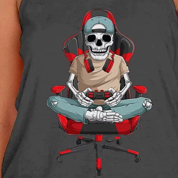 Halloween Skeleton Gamer Video Gaming Women's Knotted Racerback Tank