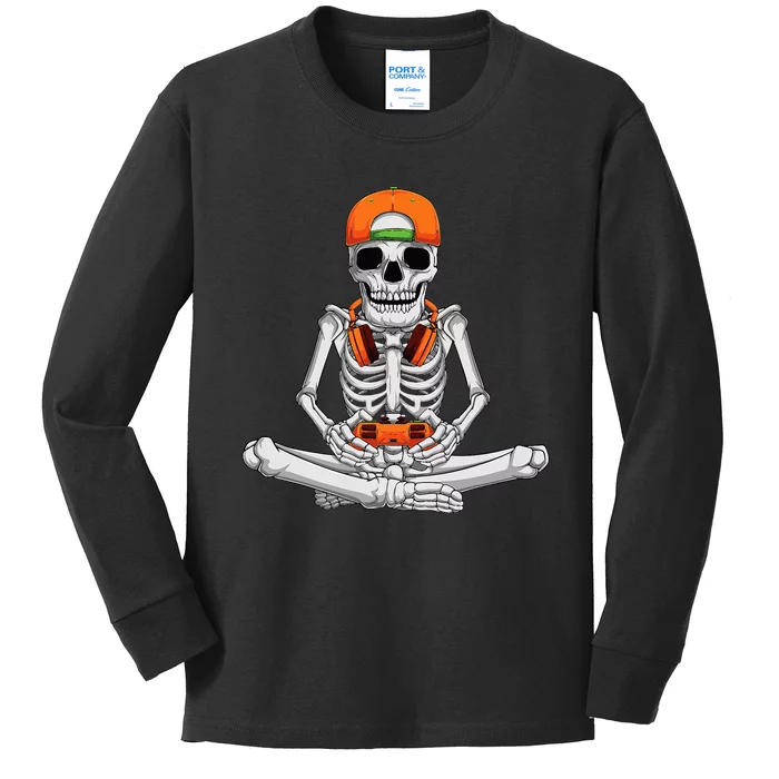 Halloween Skeleton Gamer Video Gaming Kids Long Sleeve Shirt