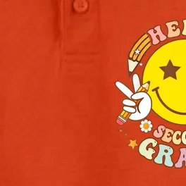 Hello Second Grade Hippie Smile Face Back To School Teacher Gift Dry Zone Grid Performance Polo