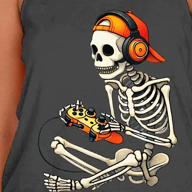 Halloween Skeleton Gamer Video Gaming Women's Knotted Racerback Tank