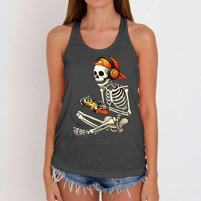 Halloween Skeleton Gamer Video Gaming Women's Knotted Racerback Tank