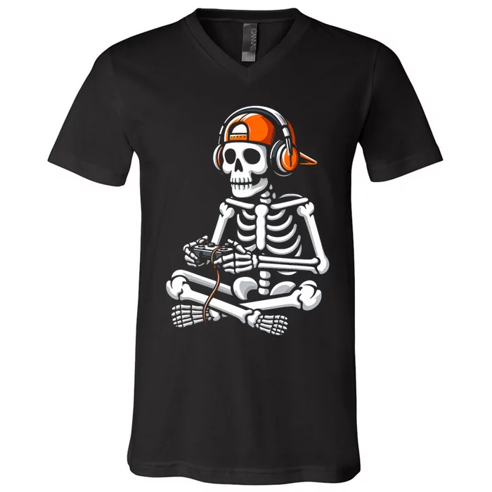 Halloween Skeleton Gamer Gaming V-Neck T-Shirt