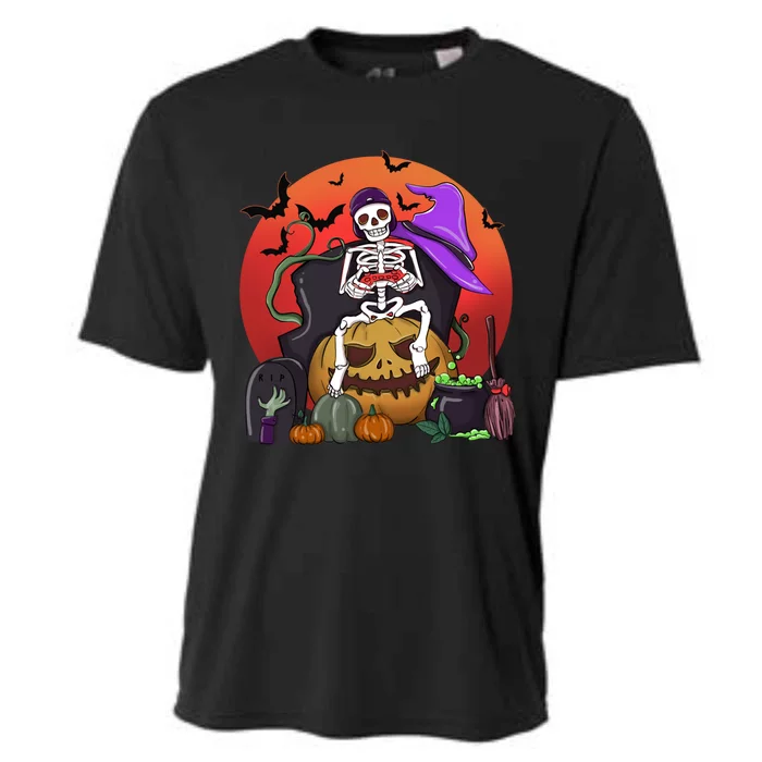 Halloween Skeleton Gamer With Controller Graveyard Pumpkin Gift Cooling Performance Crew T-Shirt