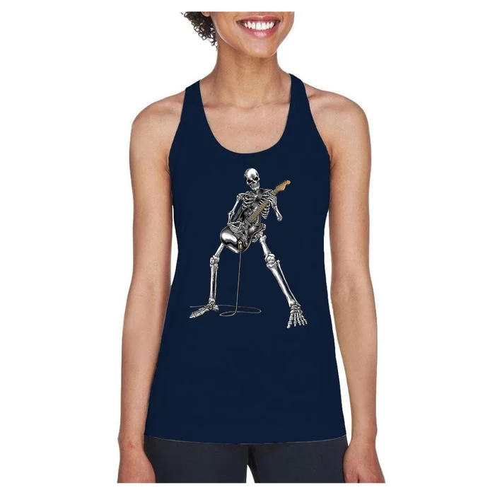 Happy Skeleton Guitar Guy Spooky Halloween Rock Band Concert Women's Racerback Tank