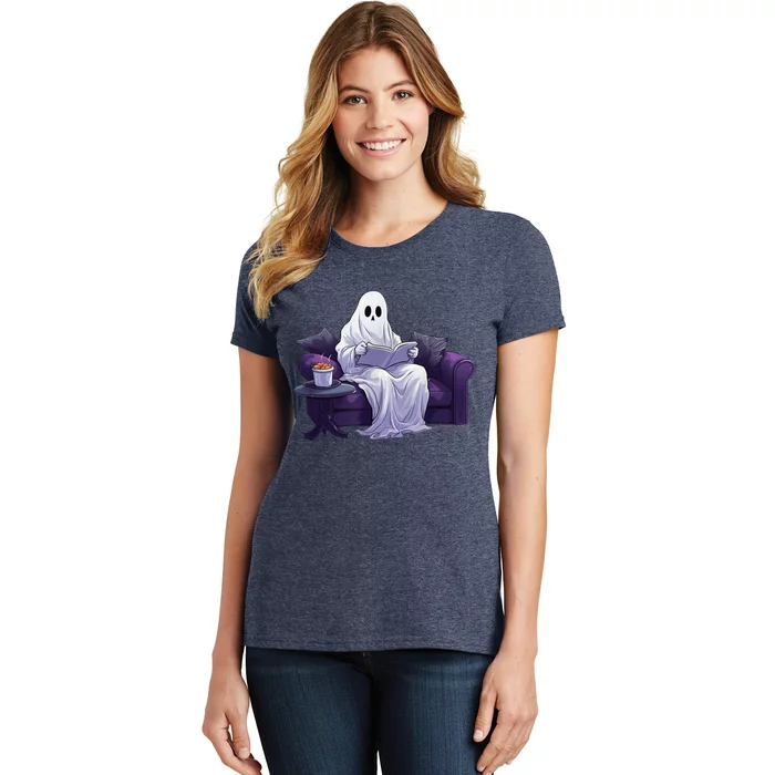 Halloween Scary Ghost Reading Book Sofa Book Worm  Wo Women's T-Shirt