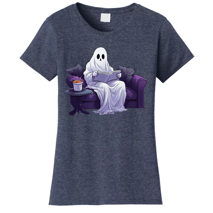 Halloween Scary Ghost Reading Book Sofa Book Worm  Wo Women's T-Shirt