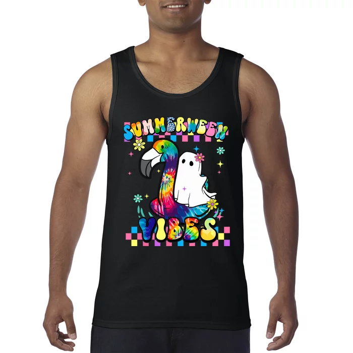 Halloween Summerween Ghost On A Pool Funny Spooky Summer Tank Top