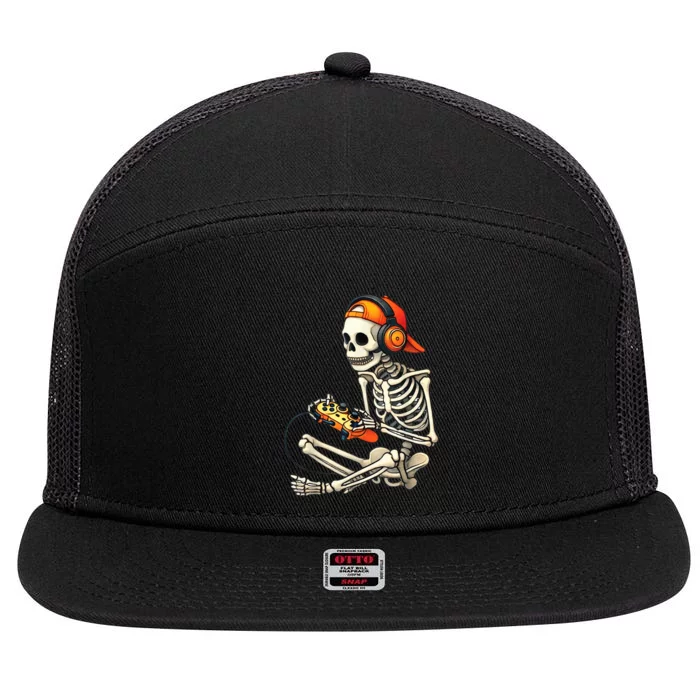 Halloween Skeleton Gamer Video Gaming 7 Panel Mesh Trucker Snapback Hat