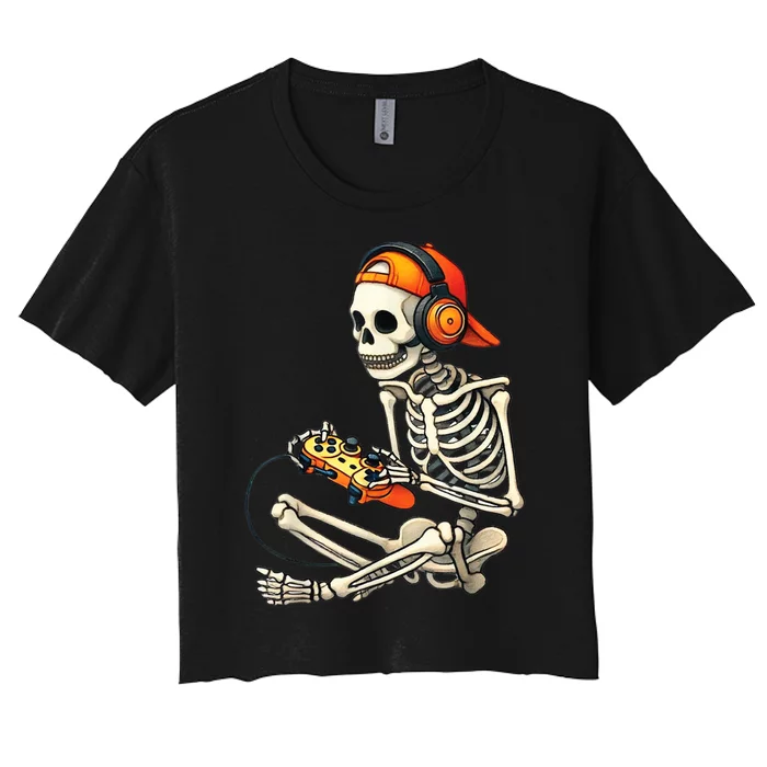 Halloween Skeleton Gamer Video Gaming Women's Crop Top Tee