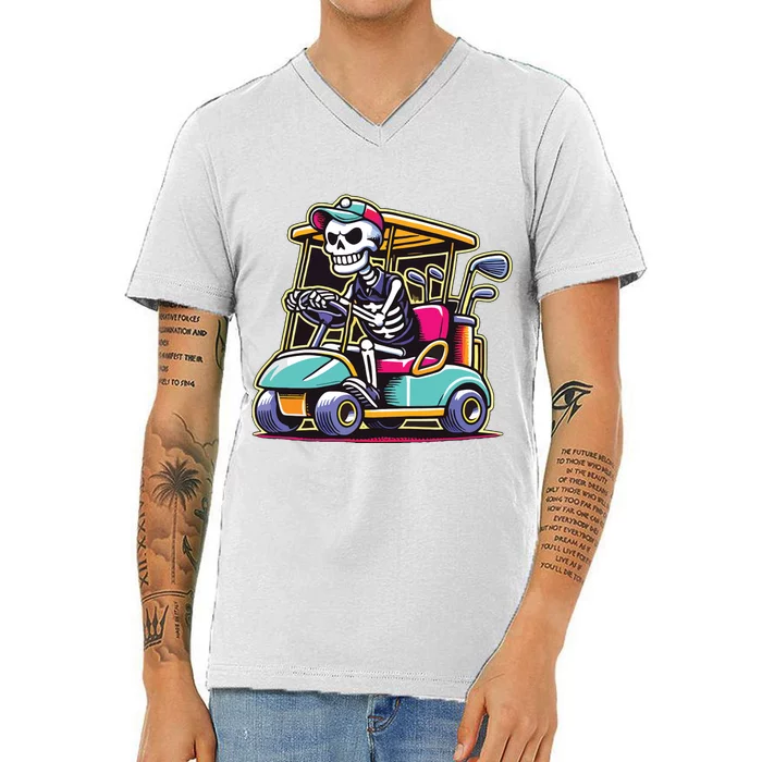 Halloween Skeleton Golf Cart Golfer V-Neck T-Shirt