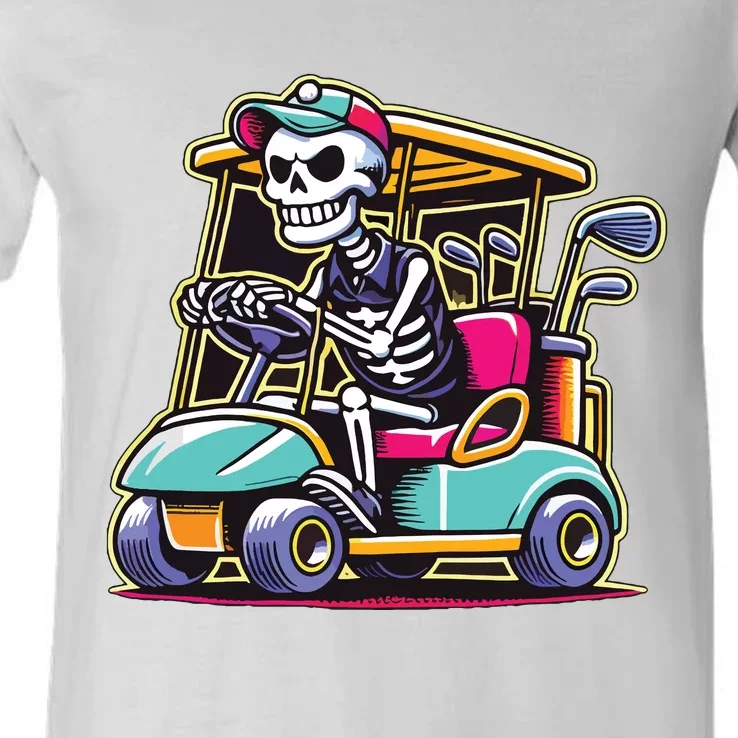 Halloween Skeleton Golf Cart Golfer V-Neck T-Shirt