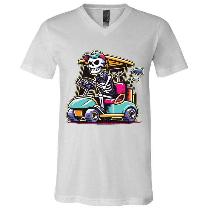 Halloween Skeleton Golf Cart Golfer V-Neck T-Shirt