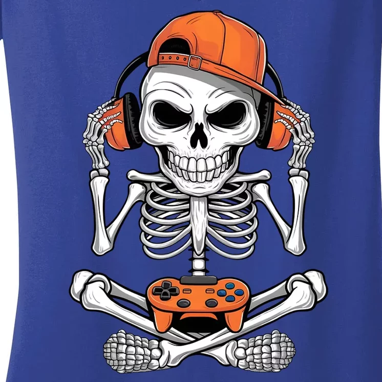 Halloween Skeleton Gamer Video Gaming Women's V-Neck T-Shirt