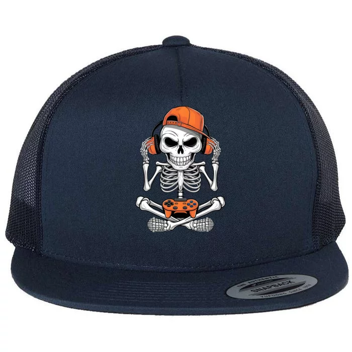 Halloween Skeleton Gamer Video Gaming Flat Bill Trucker Hat