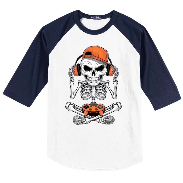 Halloween Skeleton Gamer Video Gaming Baseball Sleeve Shirt