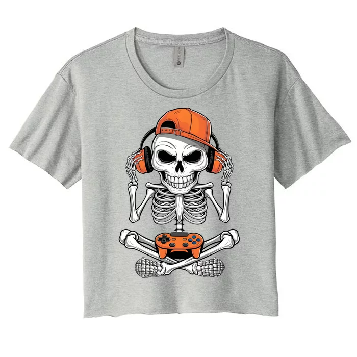 Halloween Skeleton Gamer Video Gaming Women's Crop Top Tee