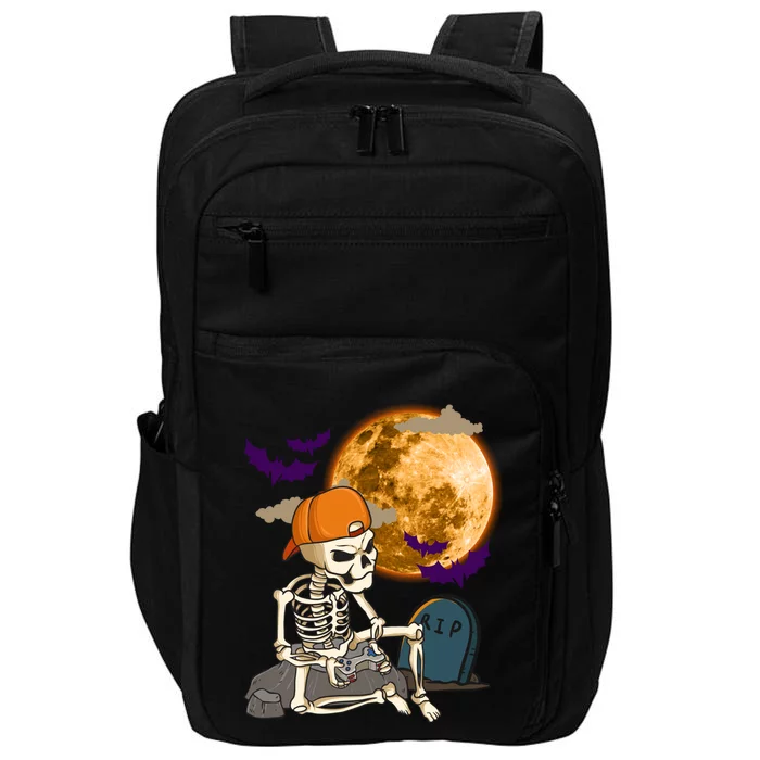 Halloween Skeleton Gamer Playing Video Games In Graveyard Gift Impact Tech Backpack