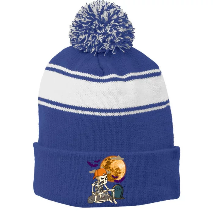 Halloween Skeleton Gamer Playing Video Games In Graveyard Gift Stripe Pom Pom Beanie