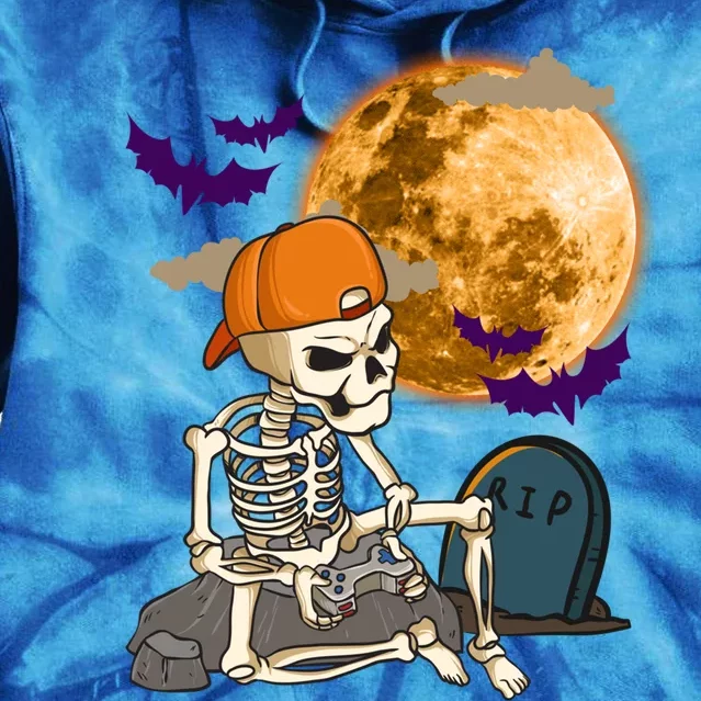 Halloween Skeleton Gamer Playing Video Games In Graveyard Gift Tie Dye Hoodie