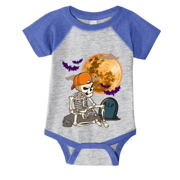 Halloween Skeleton Gamer Playing Video Games In Graveyard Gift Infant Baby Jersey Bodysuit