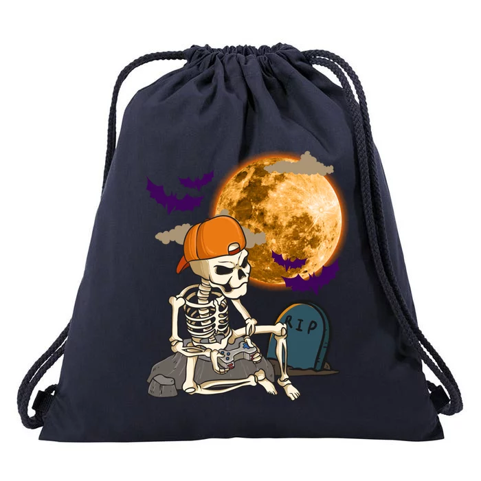 Halloween Skeleton Gamer Playing Video Games In Graveyard Gift Drawstring Bag