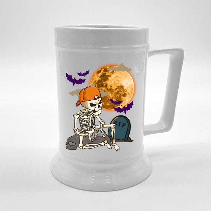 Halloween Skeleton Gamer Playing Video Games In Graveyard Gift Front & Back Beer Stein