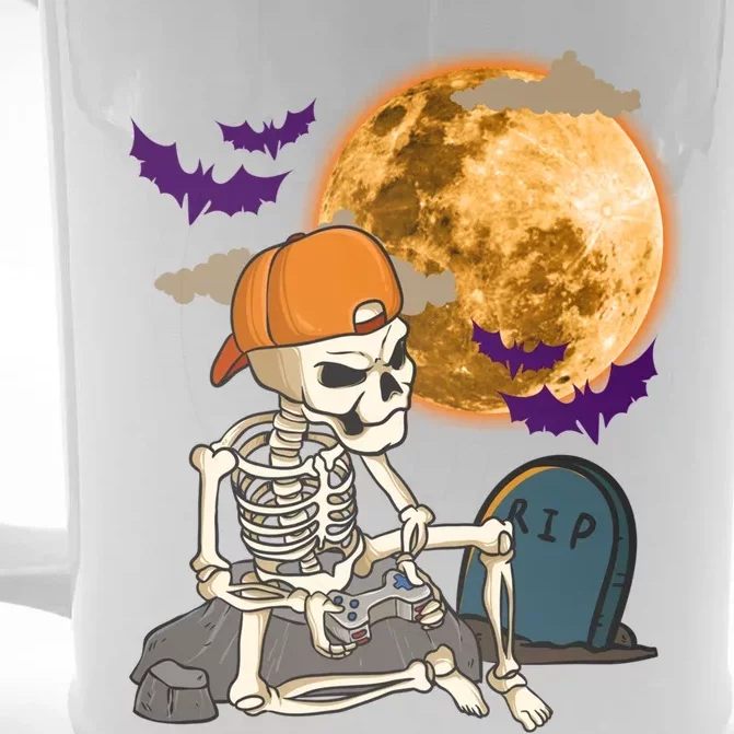 Halloween Skeleton Gamer Playing Video Games In Graveyard Gift Front & Back Beer Stein