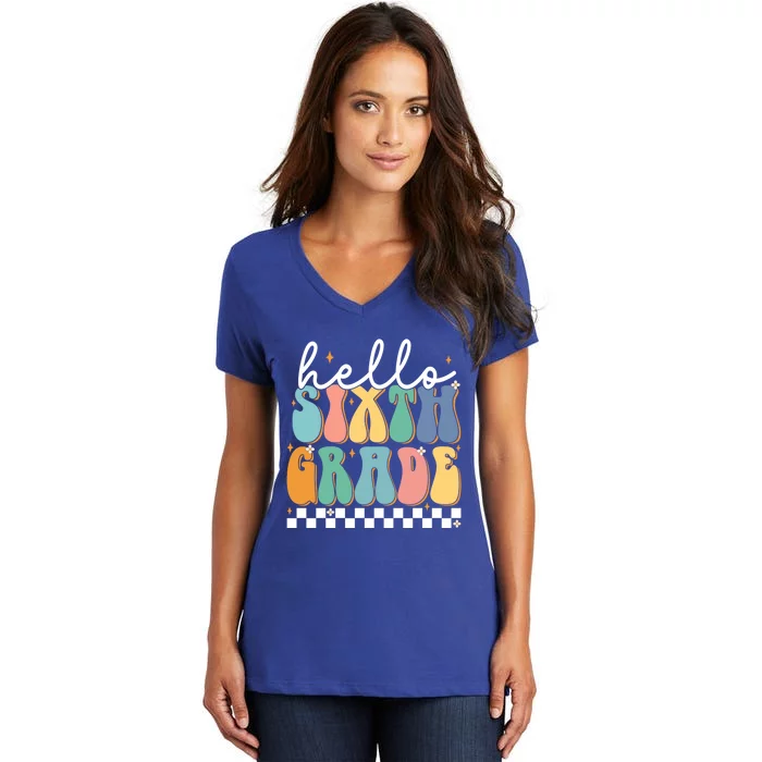 Hello Sixth Grade Groovy 6Th Grade Back School Teacher Gift Women's V-Neck T-Shirt