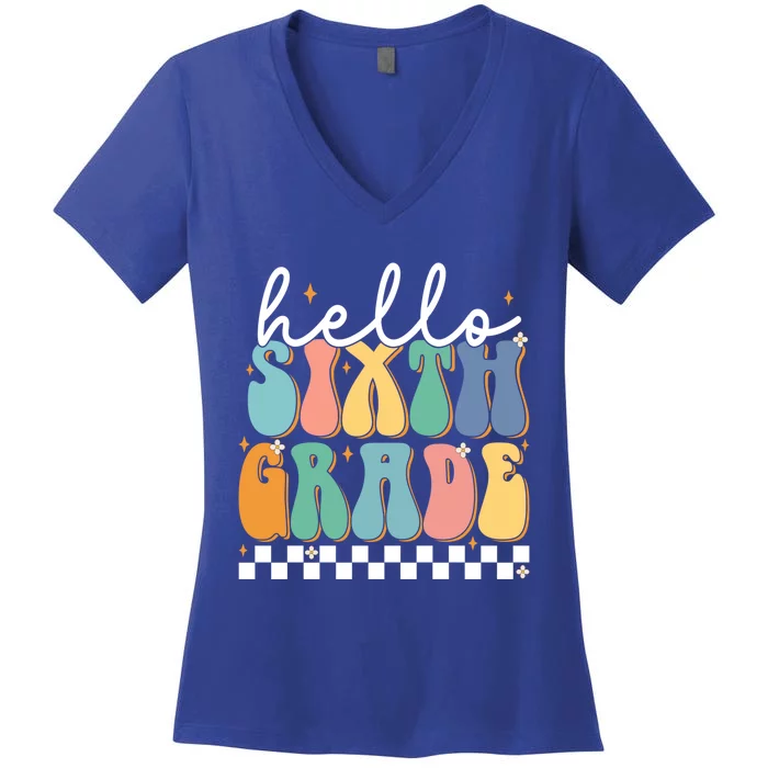 Hello Sixth Grade Groovy 6Th Grade Back School Teacher Gift Women's V-Neck T-Shirt