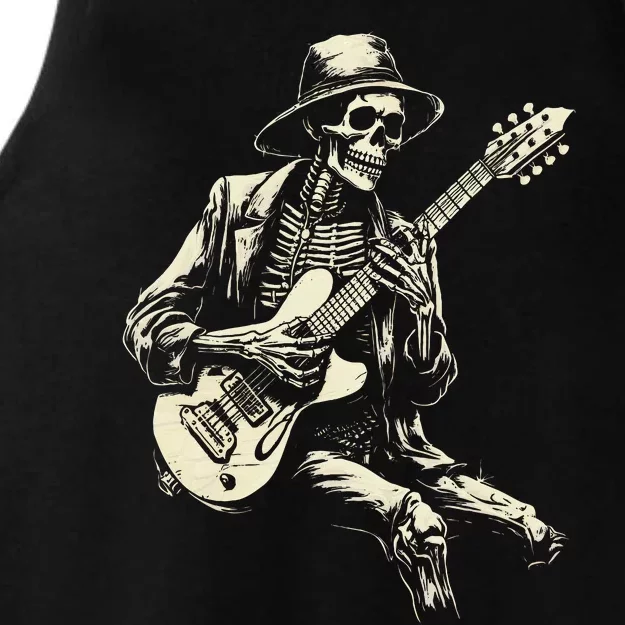 Happy Skeleton Guitar Guy Spooky Halloween Rock Band Concert Ladies Tri-Blend Wicking Tank