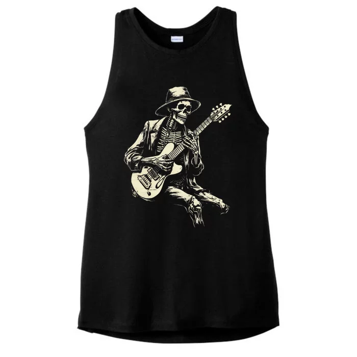 Happy Skeleton Guitar Guy Spooky Halloween Rock Band Concert Ladies Tri-Blend Wicking Tank