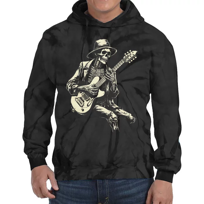 Happy Skeleton Guitar Guy Spooky Halloween Rock Band Concert Tie Dye Hoodie