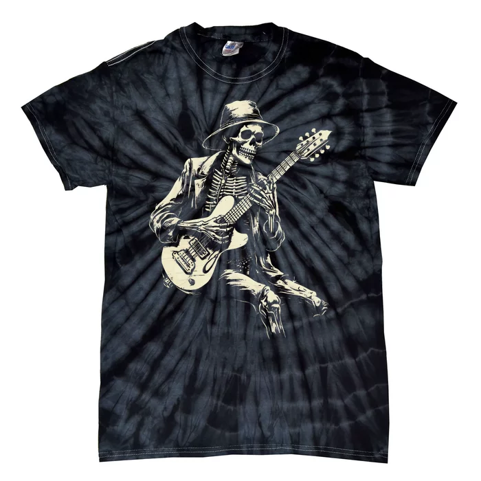 Happy Skeleton Guitar Guy Spooky Halloween Rock Band Concert Tie-Dye T-Shirt