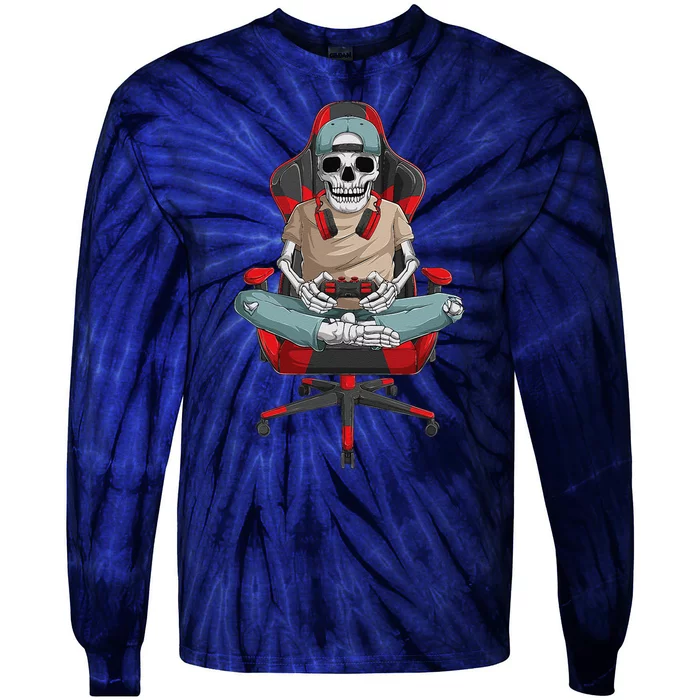 Halloween Skeleton Gamer Video Gaming Tie-Dye Long Sleeve Shirt