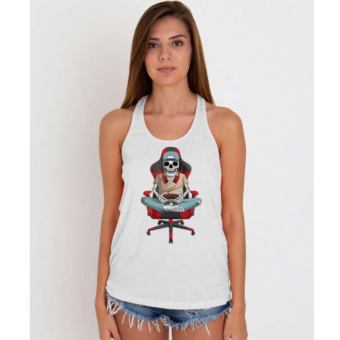 Halloween Skeleton Gamer Video Gaming Women's Knotted Racerback Tank