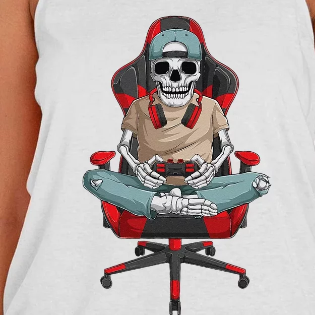 Halloween Skeleton Gamer Video Gaming Women's Knotted Racerback Tank