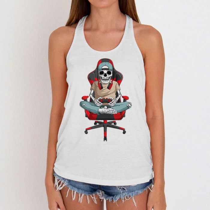 Halloween Skeleton Gamer Video Gaming Women's Knotted Racerback Tank