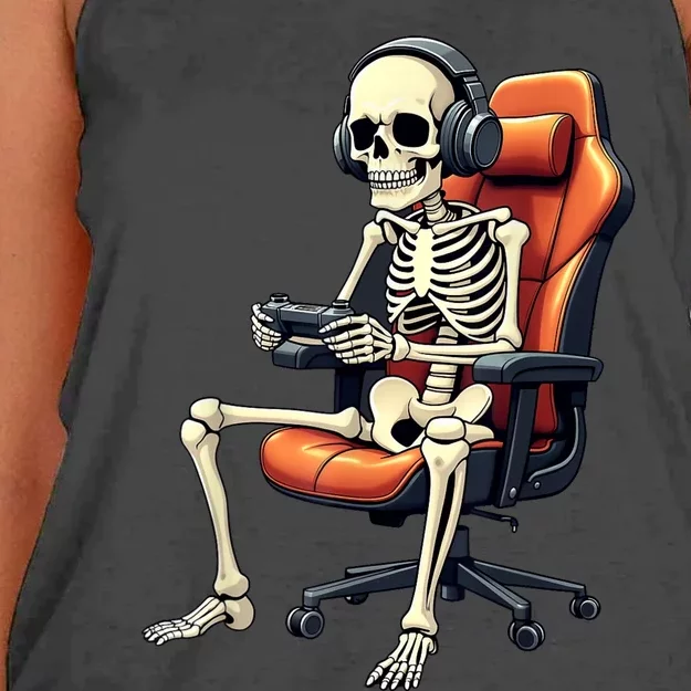 Halloween Skeleton Gamer Video Gaming Women's Knotted Racerback Tank