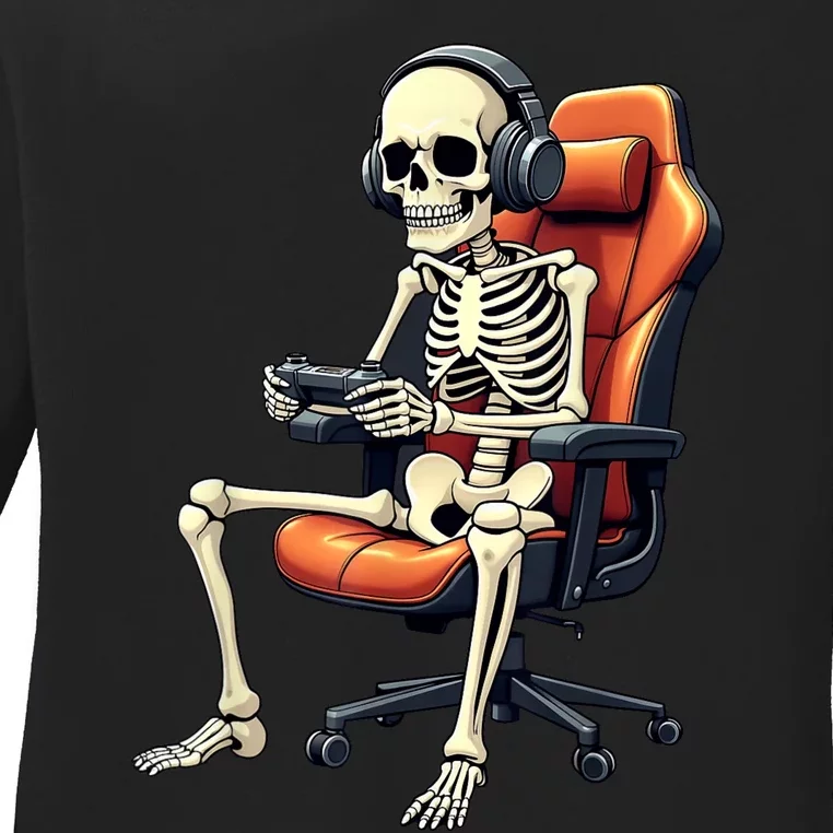 Halloween Skeleton Gamer Video Gaming Ladies Long Sleeve Shirt