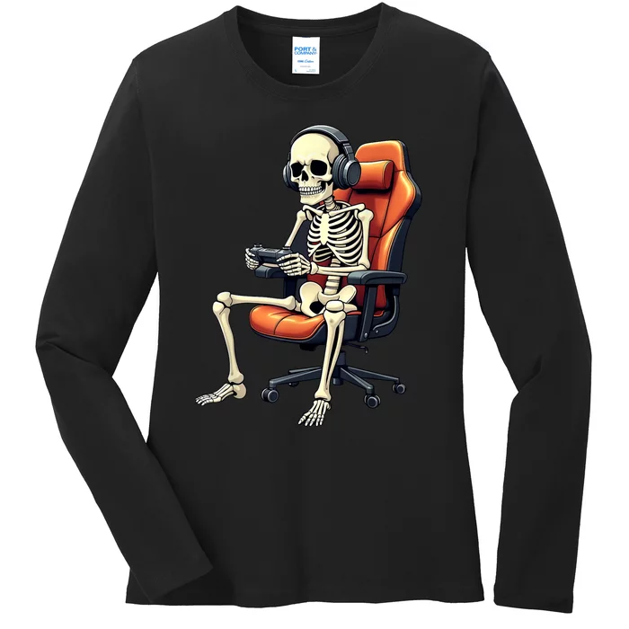 Halloween Skeleton Gamer Video Gaming Ladies Long Sleeve Shirt