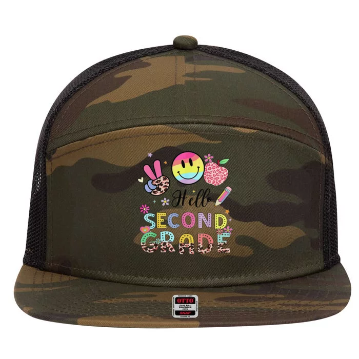 Hello Second Grade 2nd Grade First Day Of School Gift 7 Panel Mesh Trucker Snapback Hat