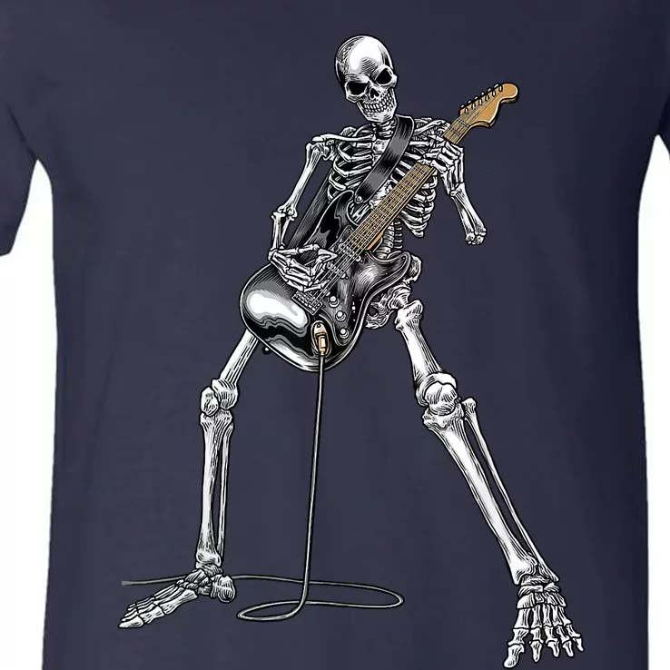 Happy Skeleton Guitar Guy Spooky Halloween Rock Band Concert V-Neck T-Shirt