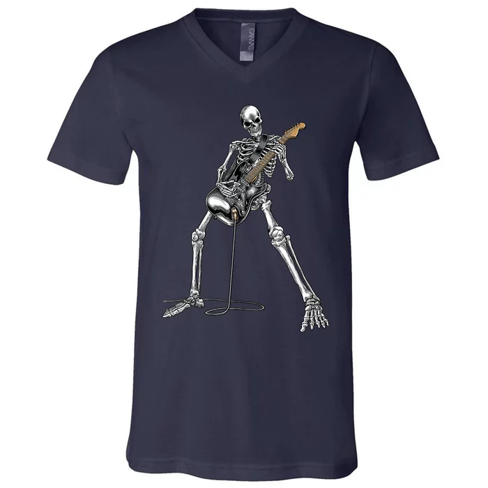 Happy Skeleton Guitar Guy Spooky Halloween Rock Band Concert V-Neck T-Shirt