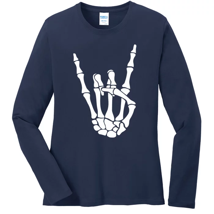 Halloween Skeleton Hand Horns Rock N Roll Funny Music Lover Ladies Long Sleeve Shirt