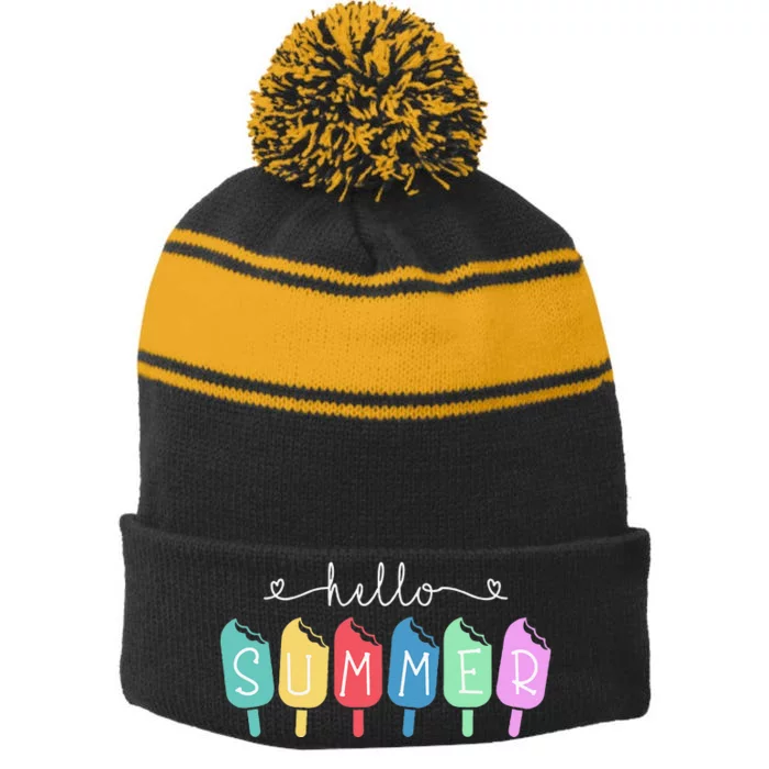 Hello Summer Happy Last Day School Teacher Student Stripe Pom Pom Beanie