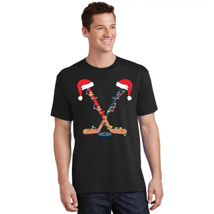 Hockey Santa Hat Christmas Lights Funny Sport Xmas Boy T-Shirt